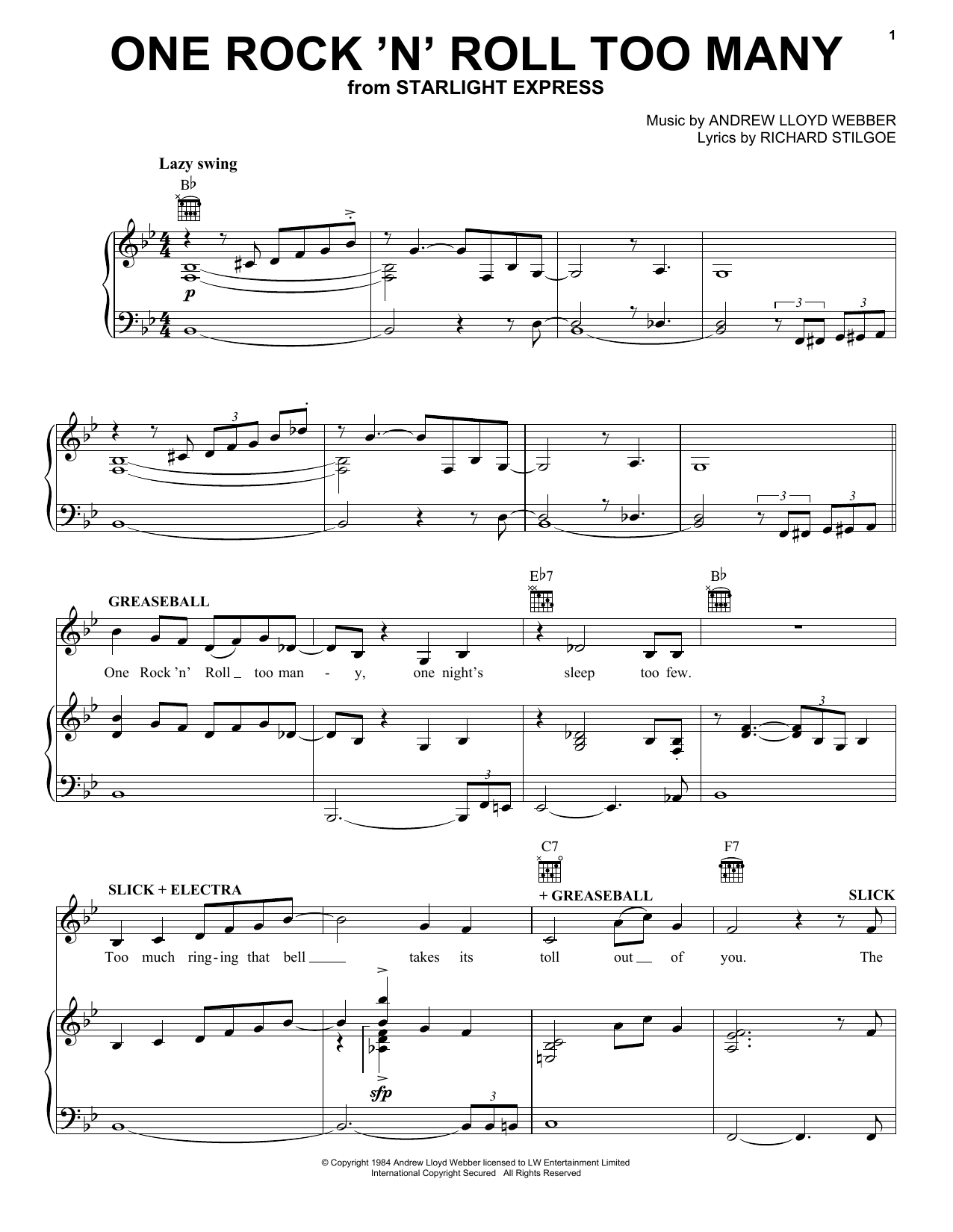 Andrew Lloyd Webber One Rock 'N' Roll Too Many (from Starlight Express) Sheet Music Notes & Chords for Piano, Vocal & Guitar Chords (Right-Hand Melody) - Download or Print PDF