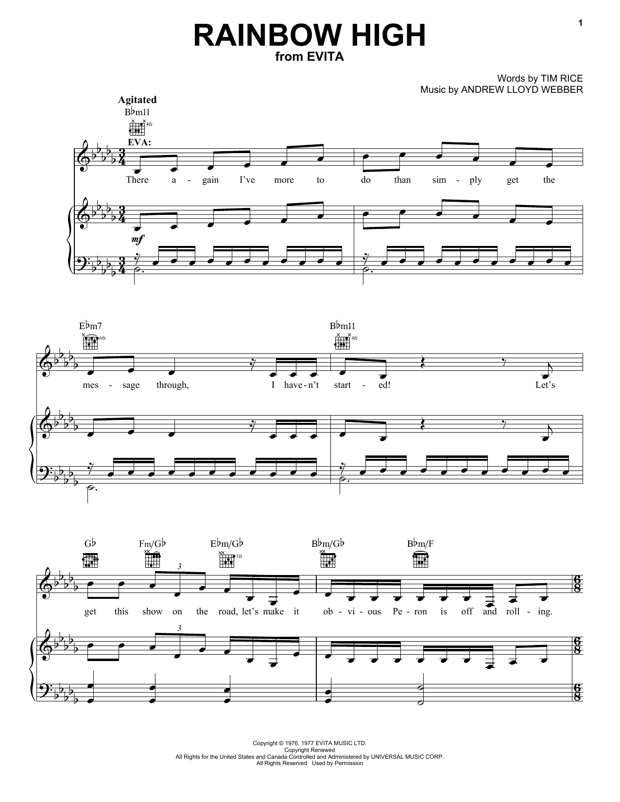 Andrew Lloyd Webber Rainbow High (from Evita) Sheet Music Notes & Chords for Piano, Vocal & Guitar (Right-Hand Melody) - Download or Print PDF