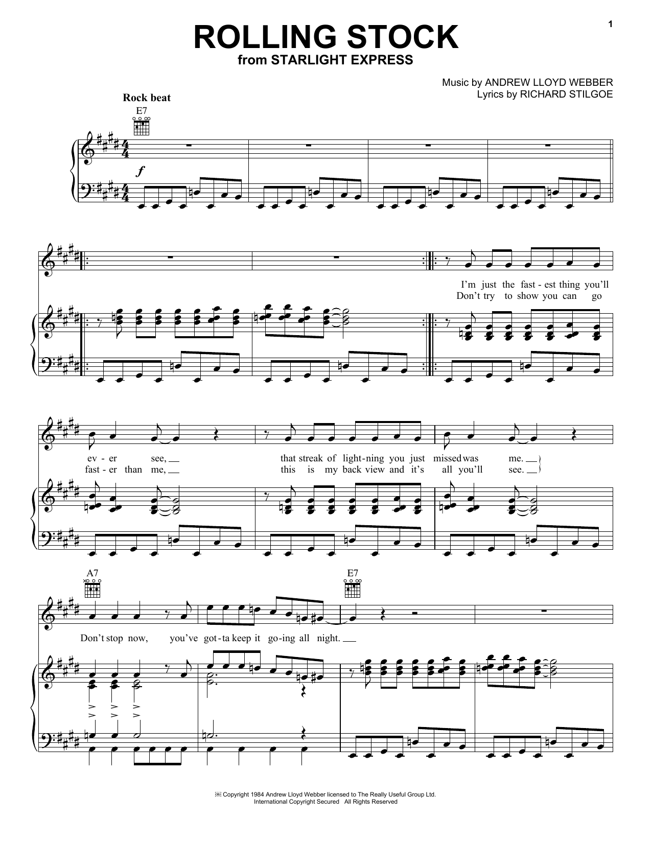 Andrew Lloyd Webber Rolling Stock (from Starlight Express) Sheet Music Notes & Chords for Piano, Vocal & Guitar Chords (Right-Hand Melody) - Download or Print PDF