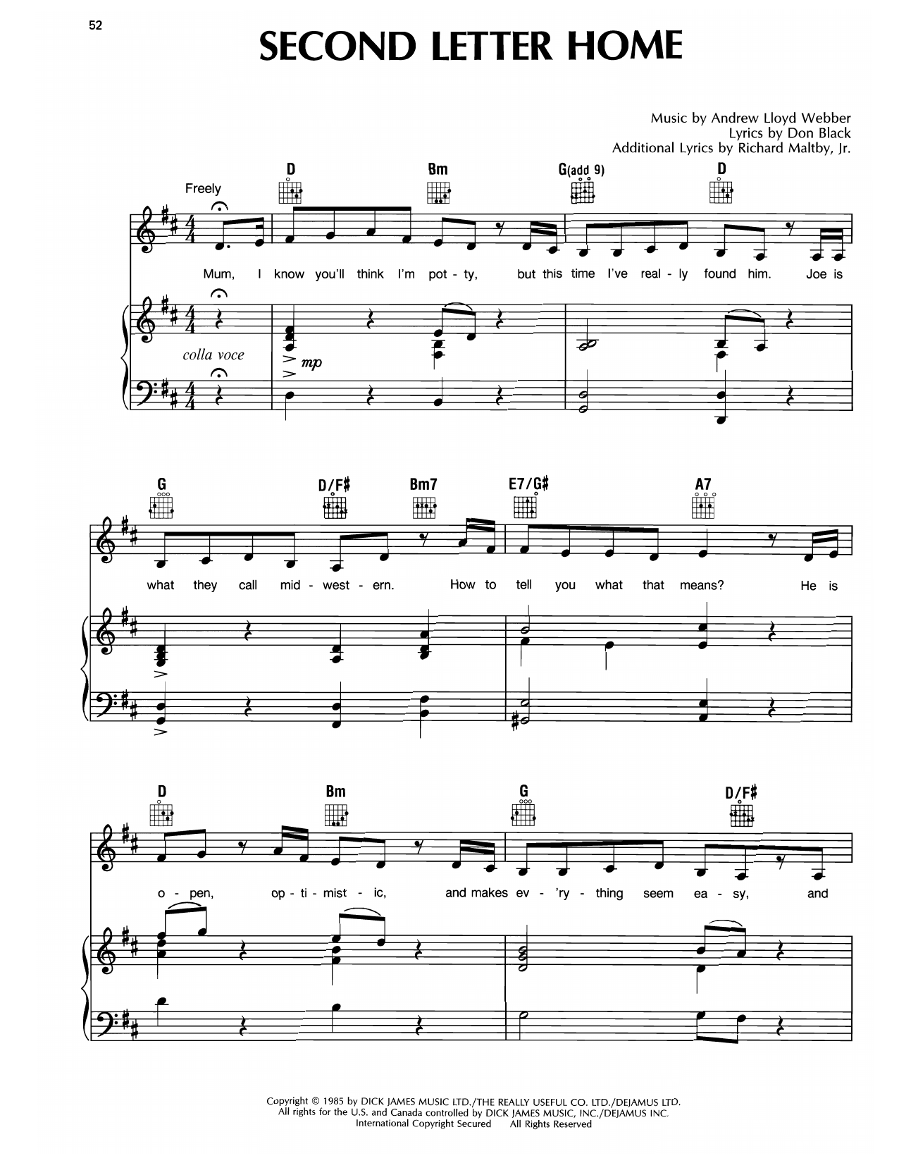 Andrew Lloyd Webber Second Letter Home (from Song & Dance) Sheet Music Notes & Chords for Piano, Vocal & Guitar Chords (Right-Hand Melody) - Download or Print PDF