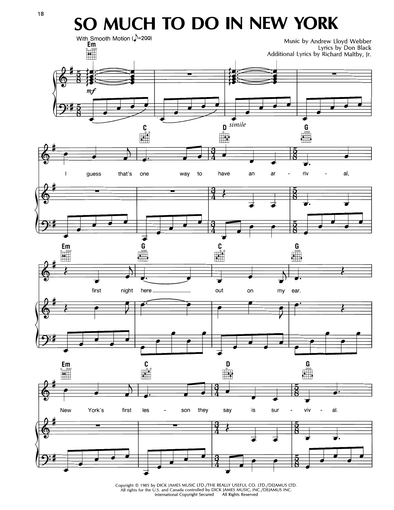 Andrew Lloyd Webber So Much To Do In New York (I) (from Song & Dance) Sheet Music Notes & Chords for Piano, Vocal & Guitar Chords (Right-Hand Melody) - Download or Print PDF