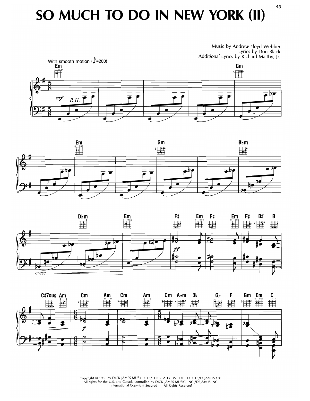 Andrew Lloyd Webber So Much To Do In New York (II) (from Song & Dance) Sheet Music Notes & Chords for Piano, Vocal & Guitar Chords (Right-Hand Melody) - Download or Print PDF