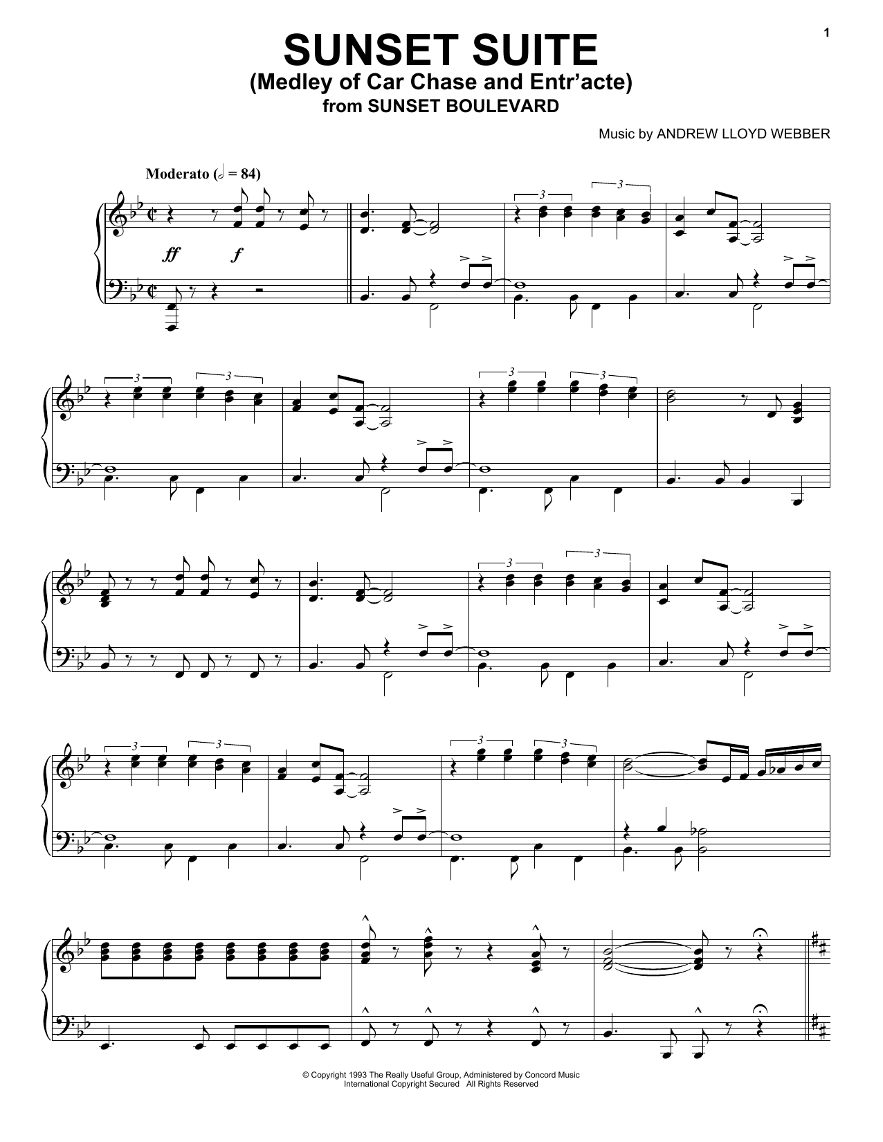Andrew Lloyd Webber Sunset Suite (Medley Of Car Chase And Entr'acte) Sheet Music Notes & Chords for Piano Solo - Download or Print PDF