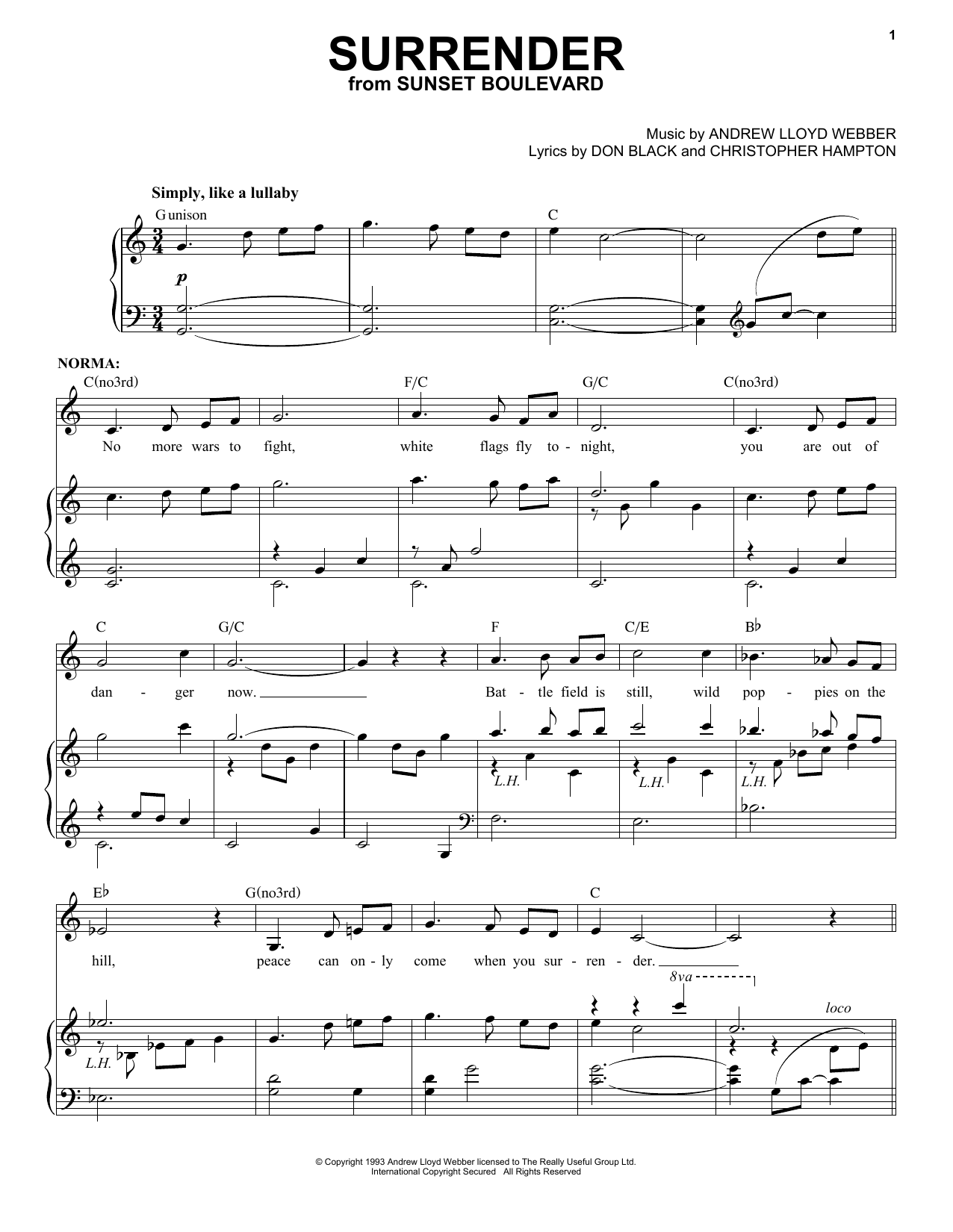 Andrew Lloyd Webber Surrender Sheet Music Notes & Chords for Piano & Vocal - Download or Print PDF