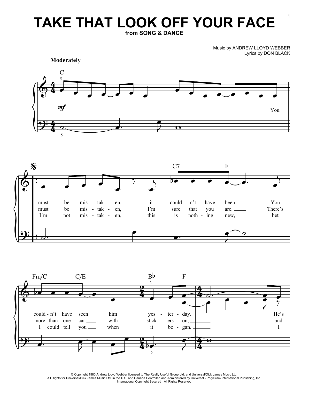 Andrew Lloyd Webber Take That Look Off Your Face Sheet Music Notes & Chords for Melody Line, Lyrics & Chords - Download or Print PDF