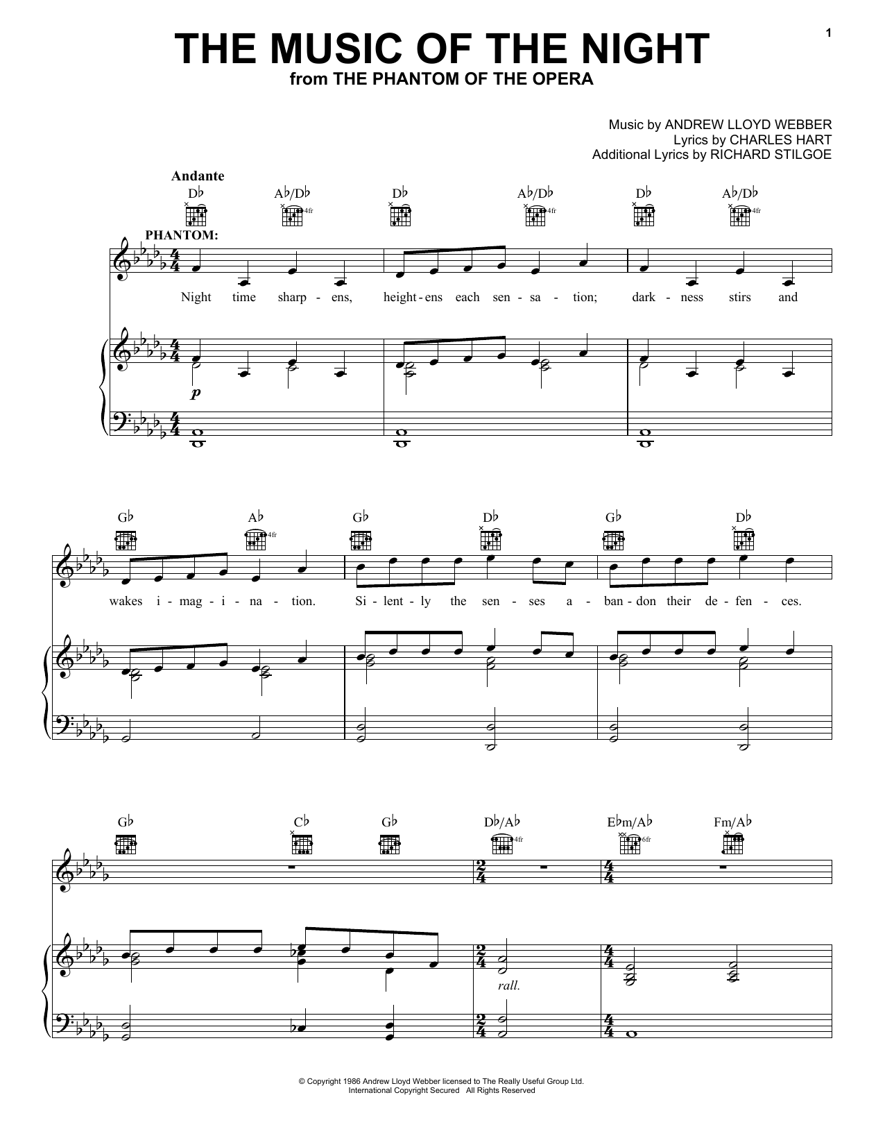 Andrew Lloyd Webber The Music Of The Night sheet music notes and chords. Download Printable PDF.