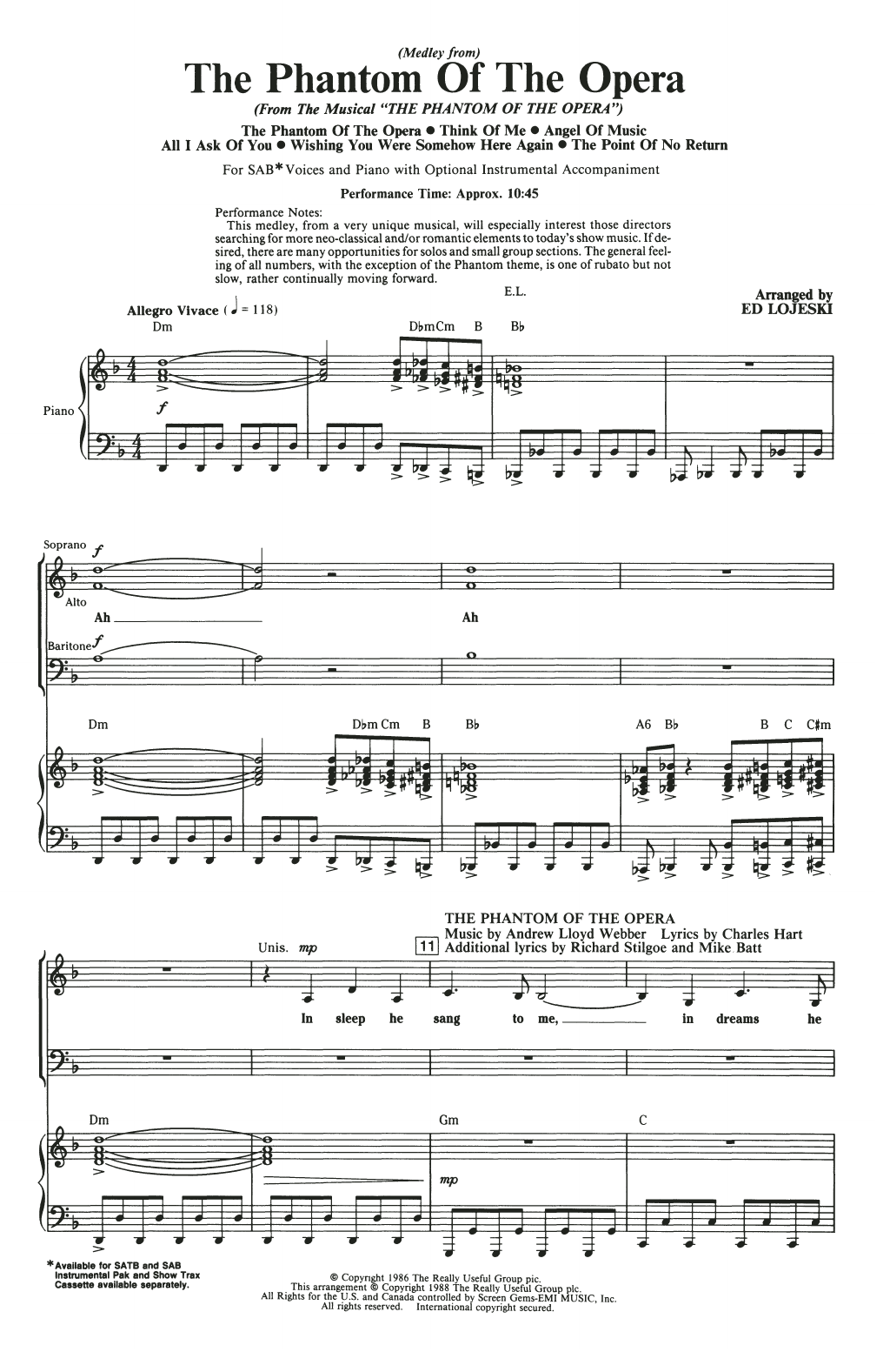 Andrew Lloyd Webber The Phantom Of The Opera (Medley) (arr. Ed Lojeski) Sheet Music Notes & Chords for SAB Choir - Download or Print PDF