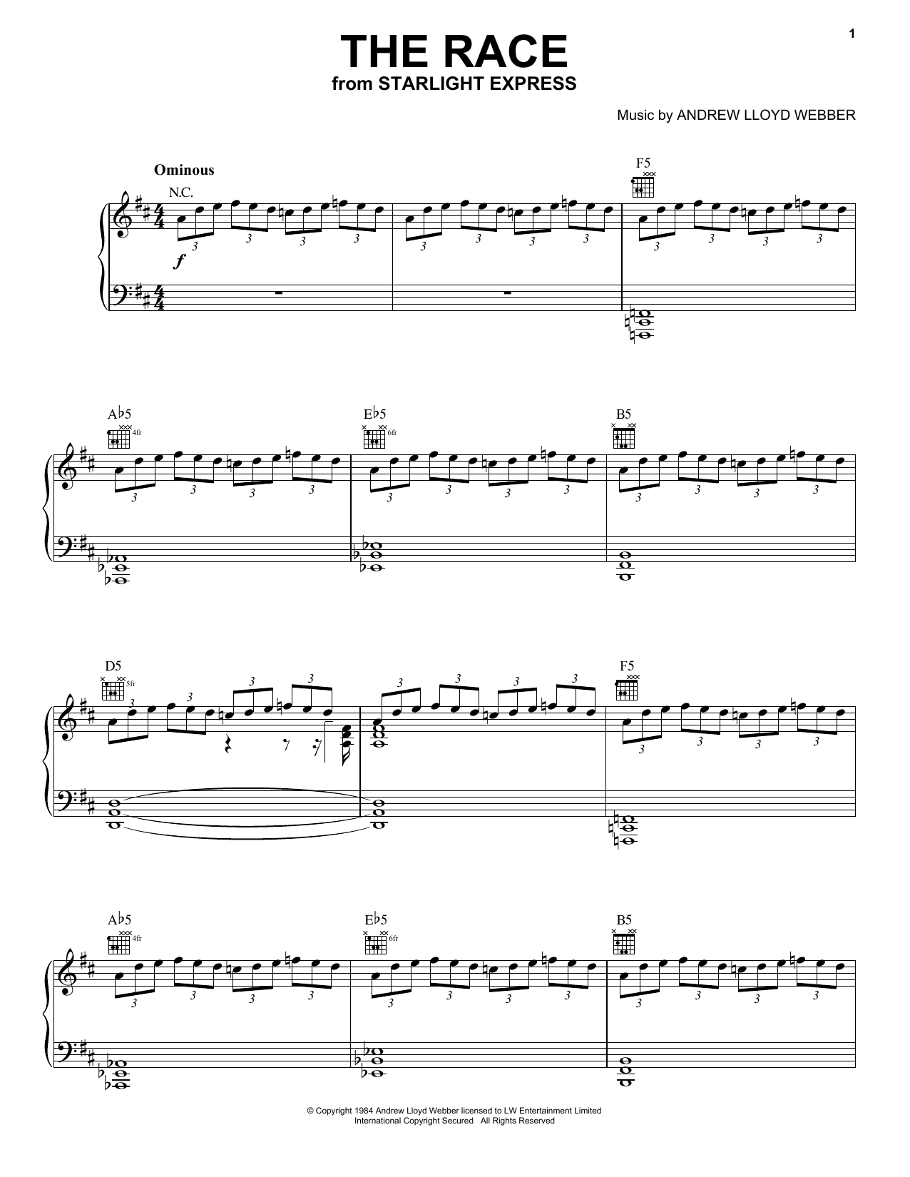 Andrew Lloyd Webber The Race (from Starlight Express) Sheet Music Notes & Chords for Piano Solo - Download or Print PDF