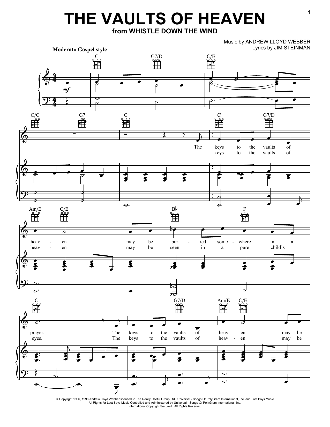 Andrew Lloyd Webber The Vaults Of Heaven Sheet Music Notes & Chords for Easy Piano - Download or Print PDF