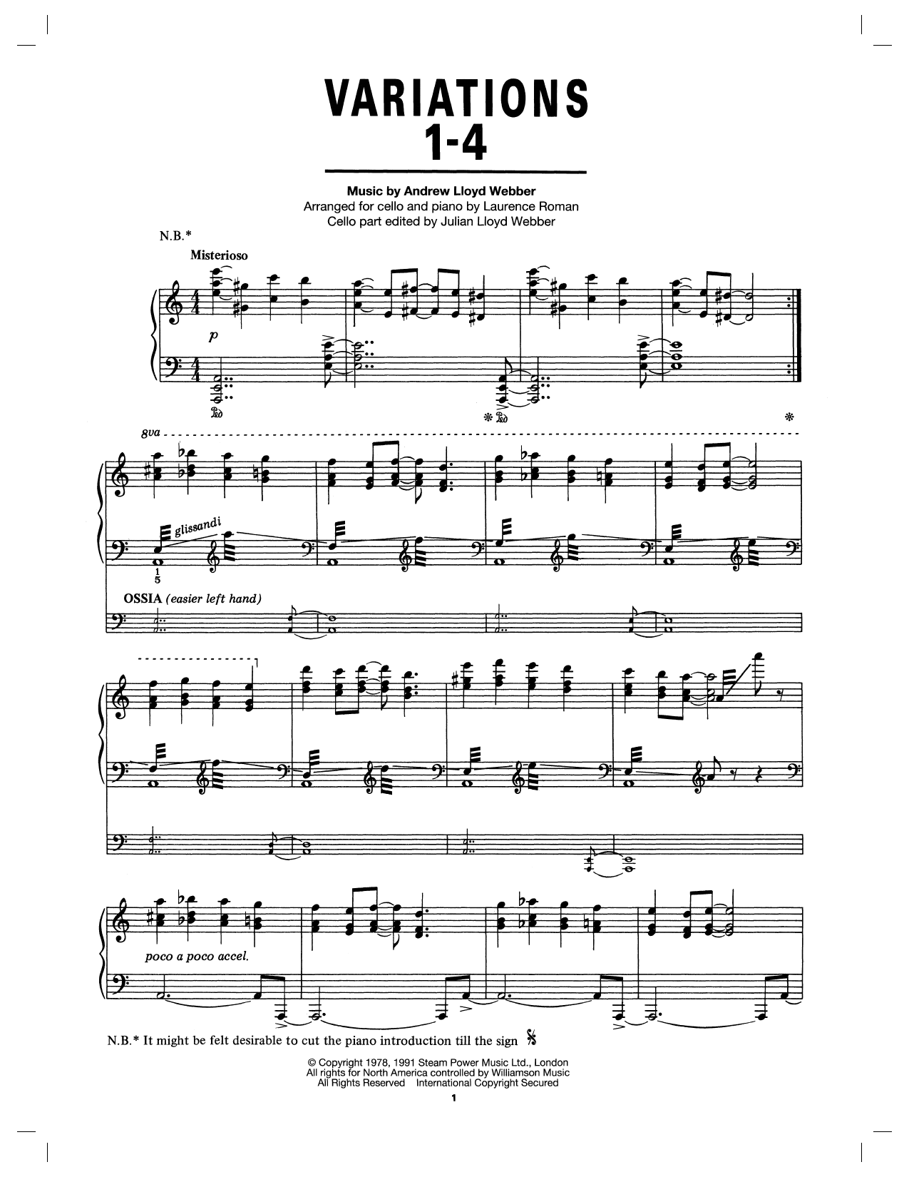 Andrew Lloyd Webber Theme And Variations 1-4 (arr. Laurence Roman) Sheet Music Notes & Chords for Cello and Piano - Download or Print PDF