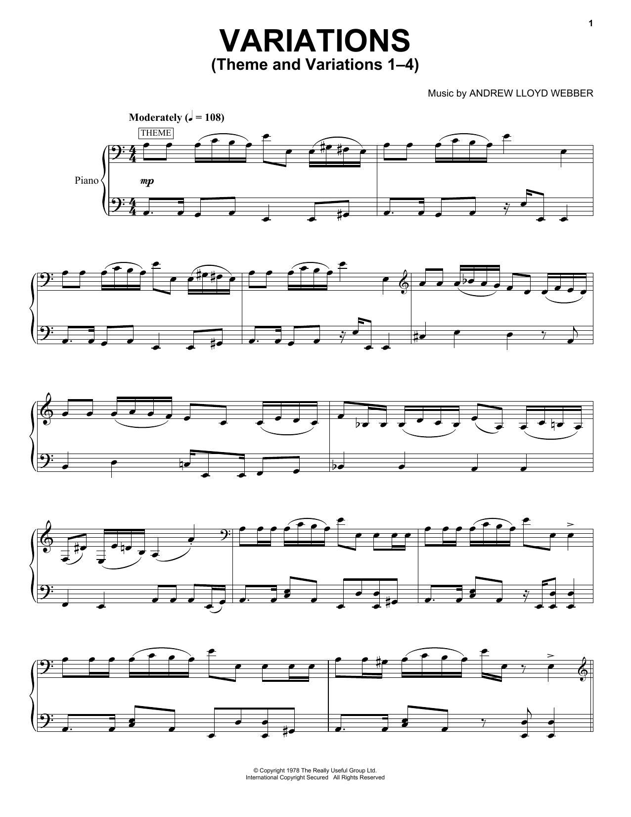 Andrew Lloyd Webber Theme And Variations 1-4 Sheet Music Notes & Chords for Piano, Vocal & Guitar (Right-Hand Melody) - Download or Print PDF