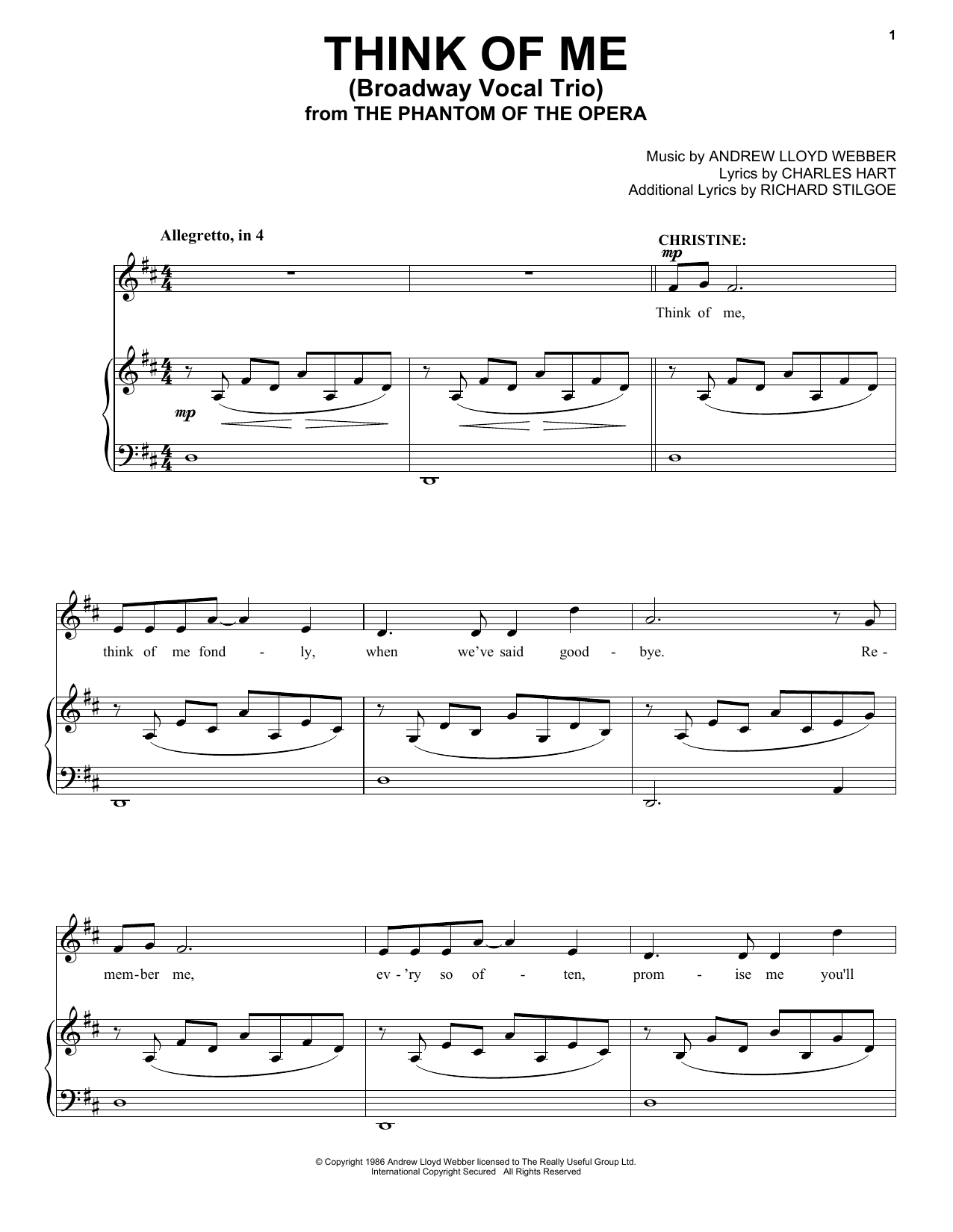 Andrew Lloyd Webber Think Of Me (from Phantom Of The Opera) (Trio) Sheet Music Notes & Chords for Piano & Vocal - Download or Print PDF