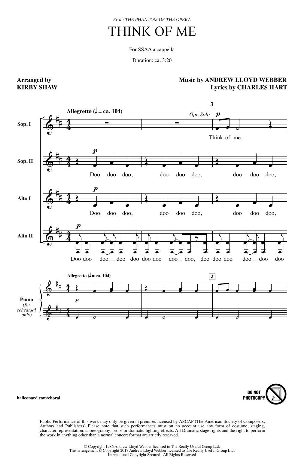 Andrew Lloyd Webber Think Of Me (from The Phantom Of The Opera) (arr. Kirby Shaw) Sheet Music Notes & Chords for SSA - Download or Print PDF