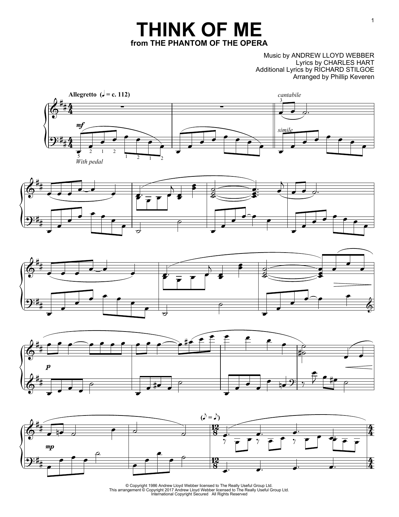 Phillip Keveren Think Of Me (from The Phantom Of The Opera) Sheet Music Notes & Chords for Piano - Download or Print PDF