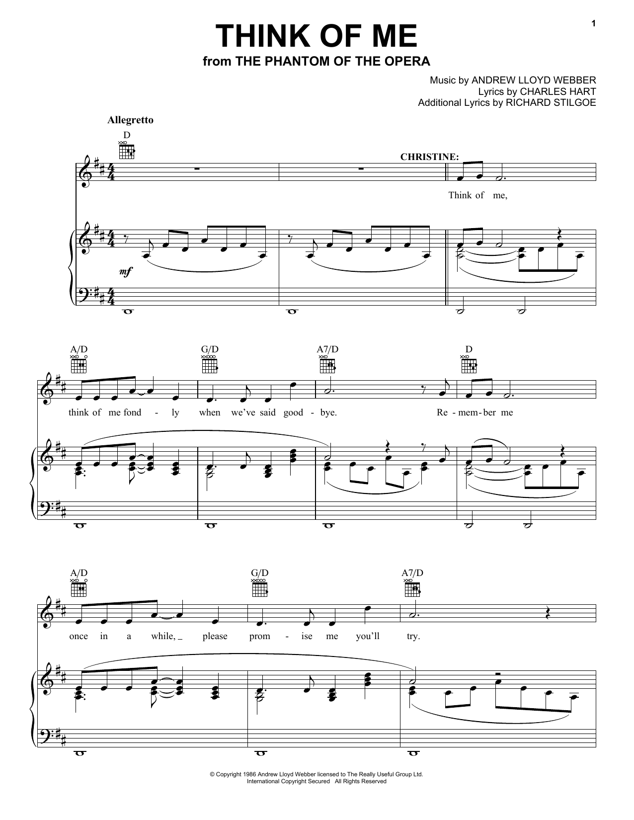 Andrew Lloyd Webber Think Of Me (from The Phantom Of The Opera) Sheet Music Notes & Chords for Melody Line, Lyrics & Chords - Download or Print PDF