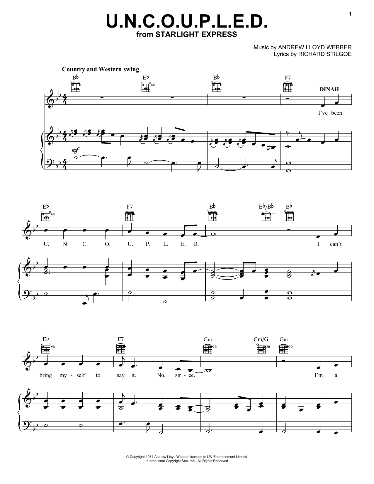Andrew Lloyd Webber U.N.C.O.U.P.L.E.D. (from Starlight Express) Sheet Music Notes & Chords for Piano, Vocal & Guitar Chords (Right-Hand Melody) - Download or Print PDF