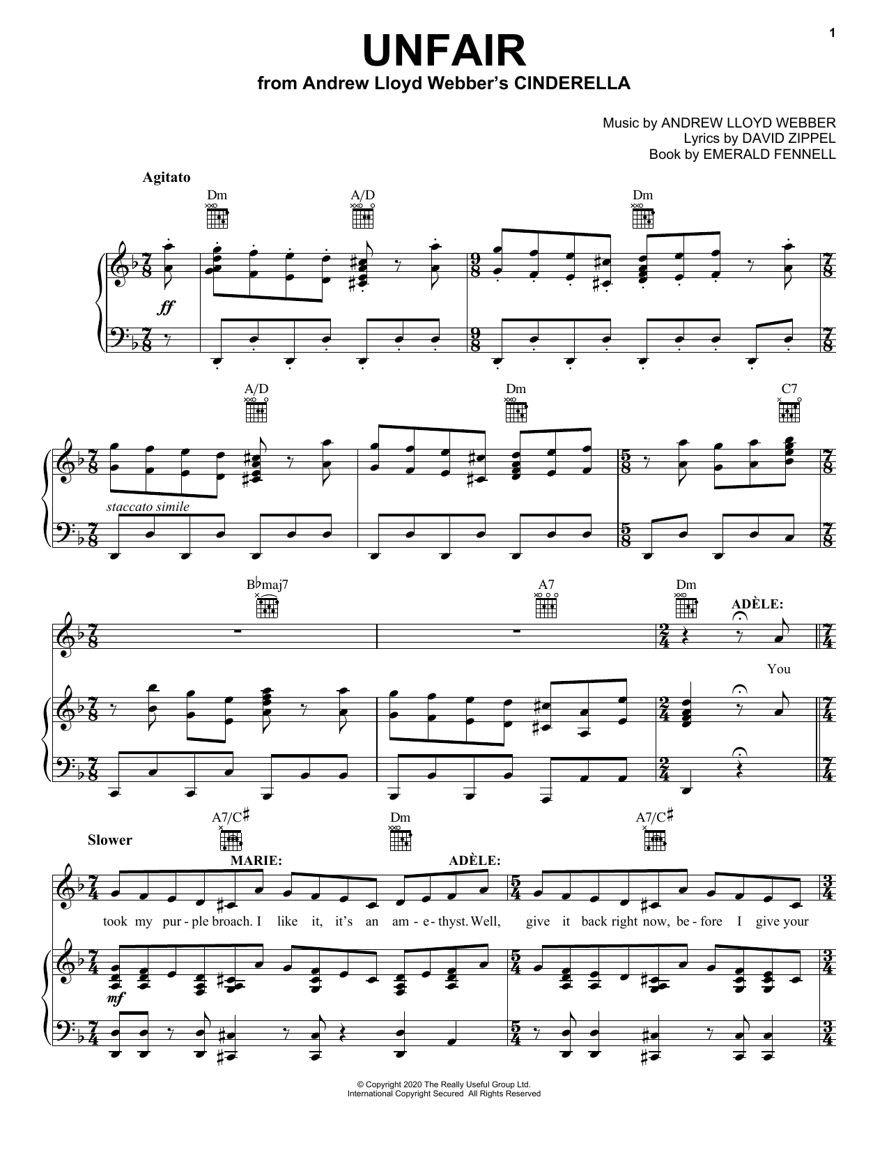 Andrew Lloyd Webber Unfair (from Andrew Lloyd Webber's Cinderella) Sheet Music Notes & Chords for Piano, Vocal & Guitar (Right-Hand Melody) - Download or Print PDF