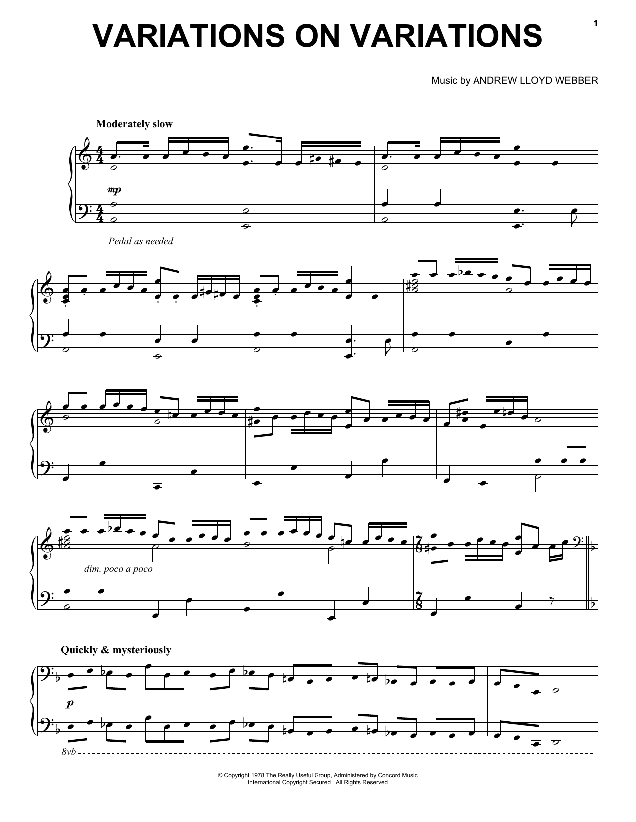 Andrew Lloyd Webber Variations On Variations Sheet Music Notes & Chords for Piano Solo - Download or Print PDF