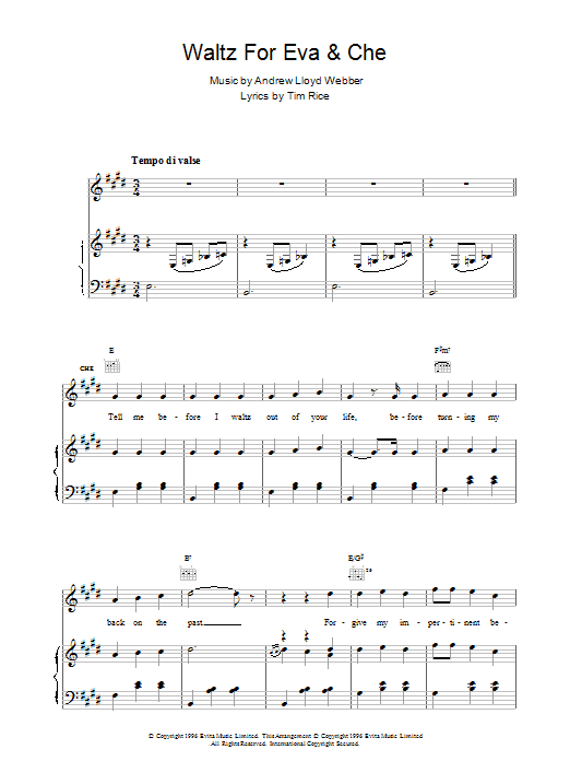 Andrew Lloyd Webber Waltz For Eva And Che Sheet Music Notes & Chords for Piano, Vocal & Guitar (Right-Hand Melody) - Download or Print PDF