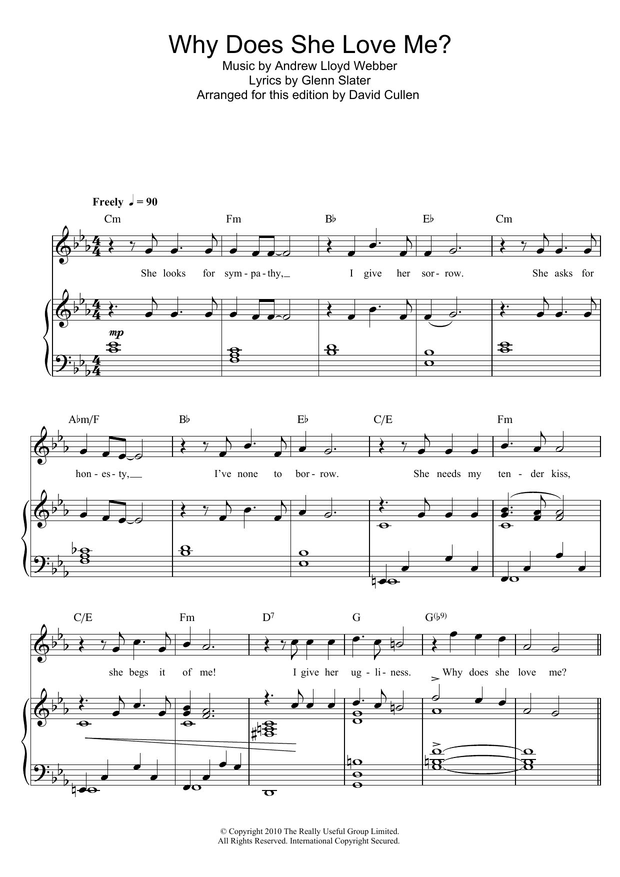 Andrew Lloyd Webber Why Does She Love Me? (from Love Never Dies) Sheet Music Notes & Chords for Piano, Vocal & Guitar (Right-Hand Melody) - Download or Print PDF Andrew Lloyd Webber Why Does She Love Me? (from Love Never Dies) Sheet Music Notes & Chords for Piano, Vocal & Guitar (Right-Hand Melody) - Download or Print PDF