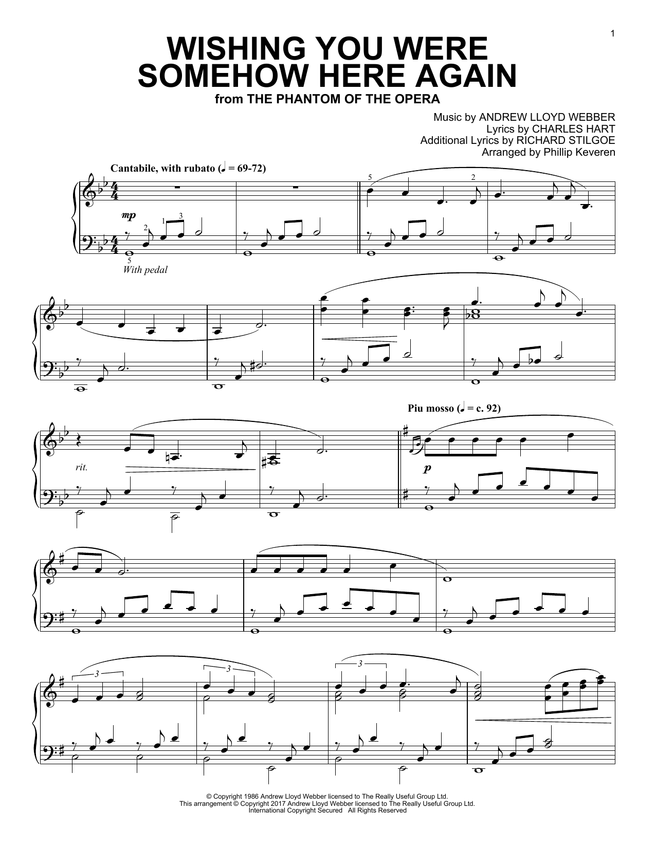 Phillip Keveren Wishing You Were Somehow Here Again (from The Phantom Of The Opera) Sheet Music Notes & Chords for Piano - Download or Print PDF