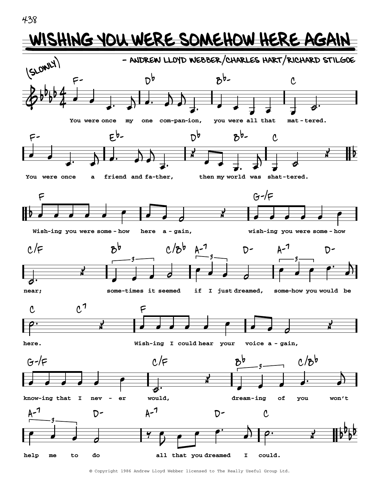 Andrew Lloyd Webber Wishing You Were Somehow Here Again (Low Voice) (from The Phantom Of The Opera) Sheet Music Notes & Chords for Real Book – Melody, Lyrics & Chords - Download or Print PDF