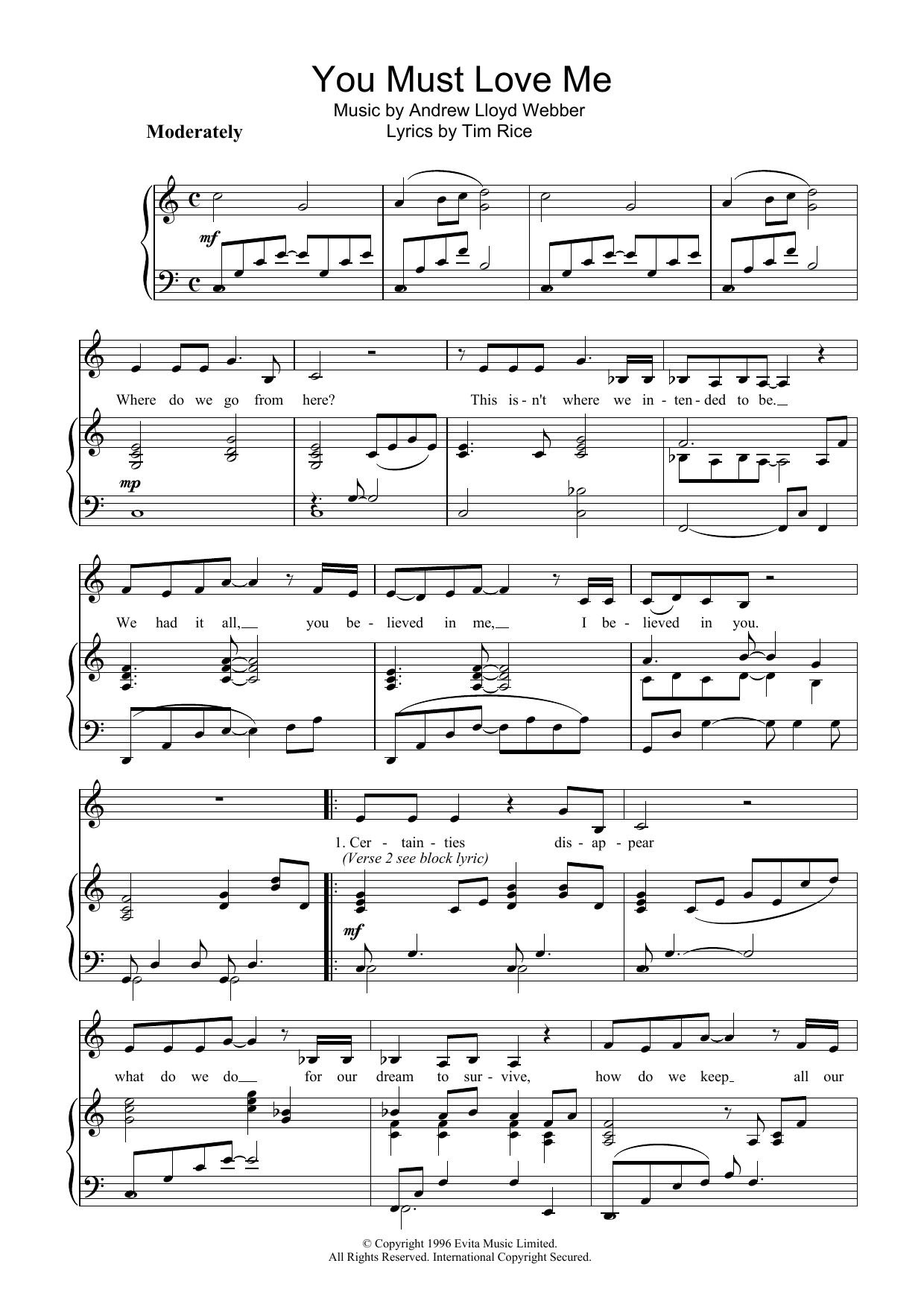 Andrew Lloyd Webber You Must Love Me Sheet Music Notes & Chords for Piano, Vocal & Guitar - Download or Print PDF