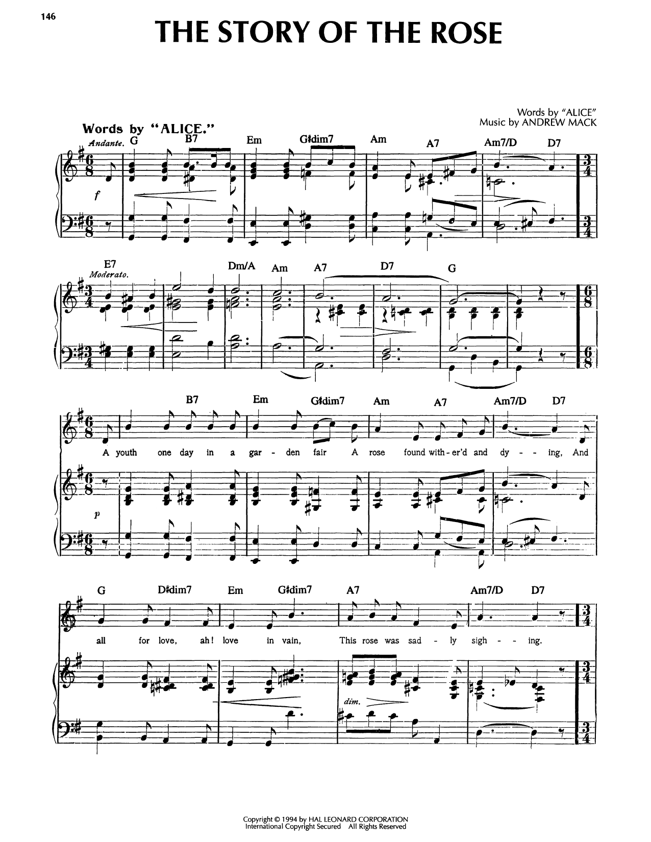 Andrew Mack The Story Of The Rose Sheet Music Notes & Chords for Piano, Vocal & Guitar Chords (Right-Hand Melody) - Download or Print PDF