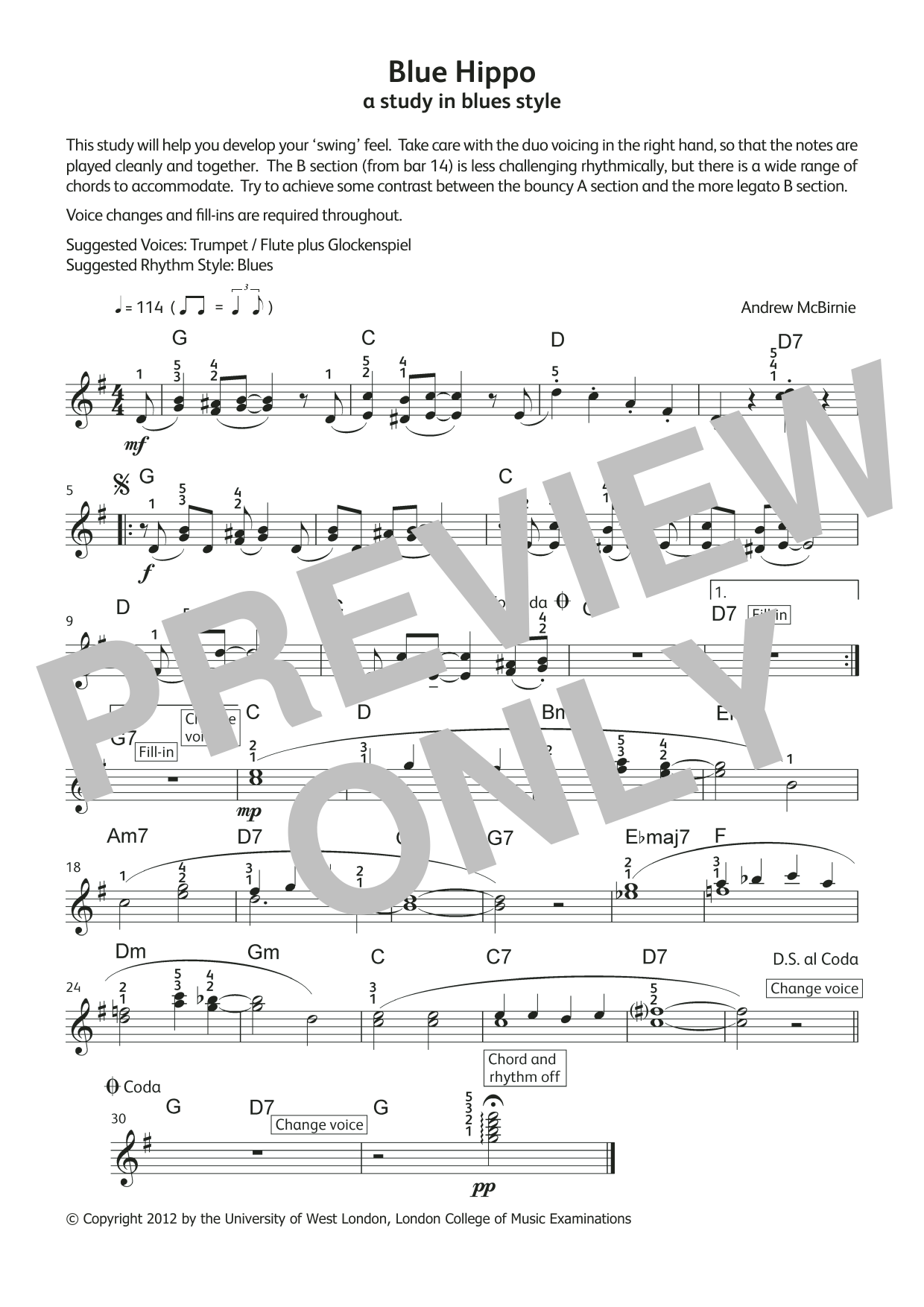 Andrew McBirnie Blue Hippo (from LCME Electronic Keyboard Grade 4 List A) Sheet Music Notes & Chords for Piano Solo - Download or Print PDF
