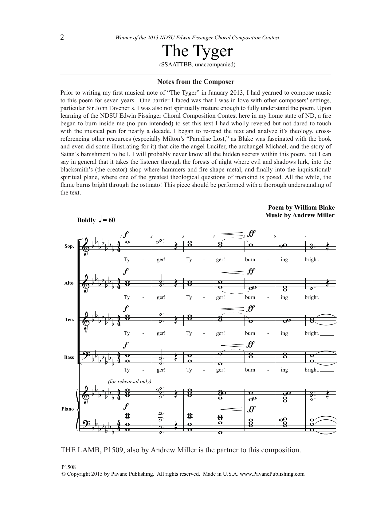 Andrew Miller The Tyger Sheet Music Notes & Chords for Choral - Download or Print PDF