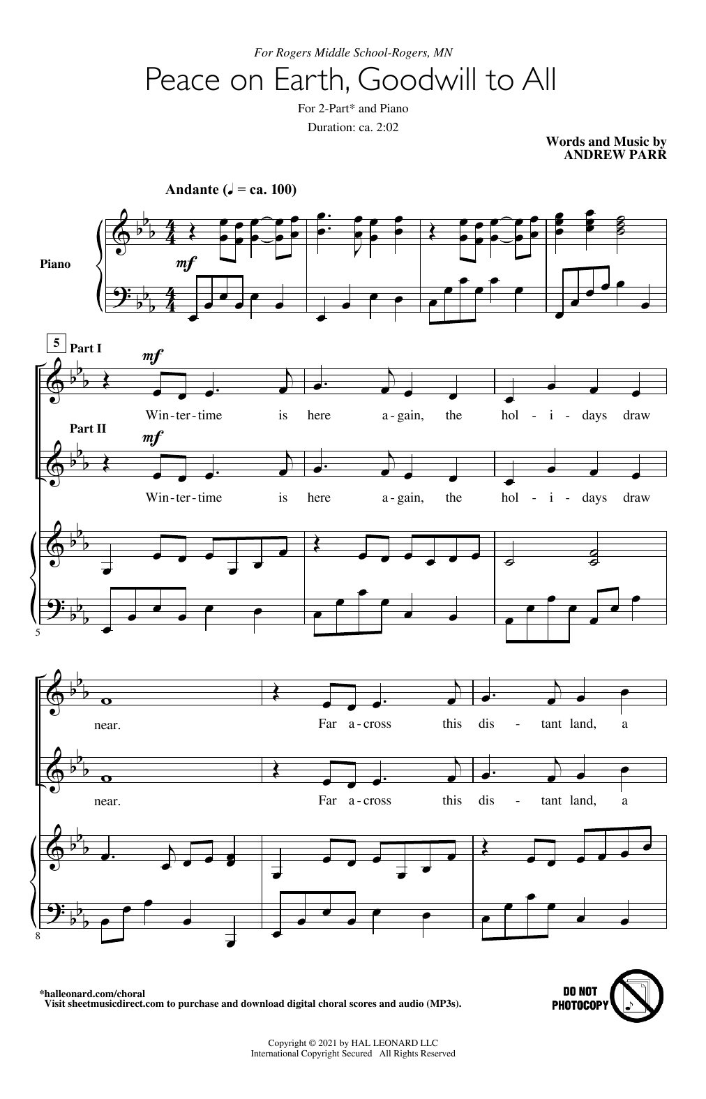Andrew Parr Peace On Earth, Goodwill To All Sheet Music Notes & Chords for 2-Part Choir - Download or Print PDF