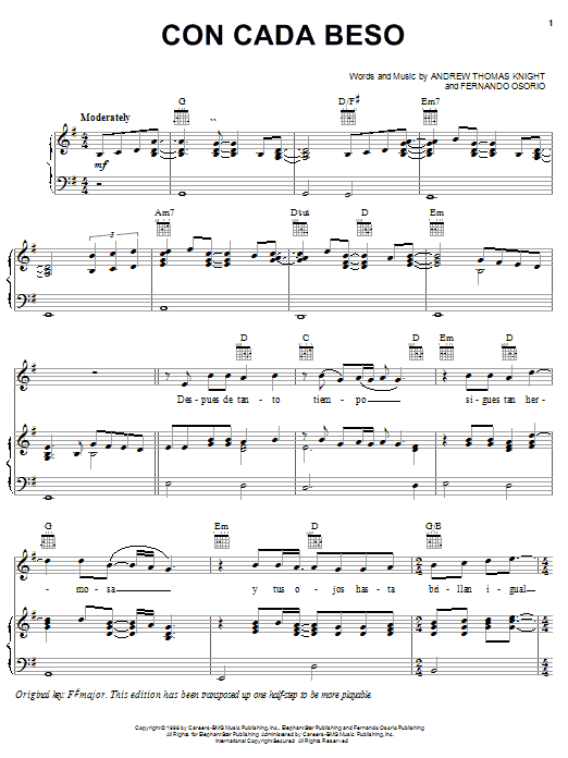 Andrew Thomas Knight Con Cada Beso Sheet Music Notes & Chords for Piano, Vocal & Guitar (Right-Hand Melody) - Download or Print PDF