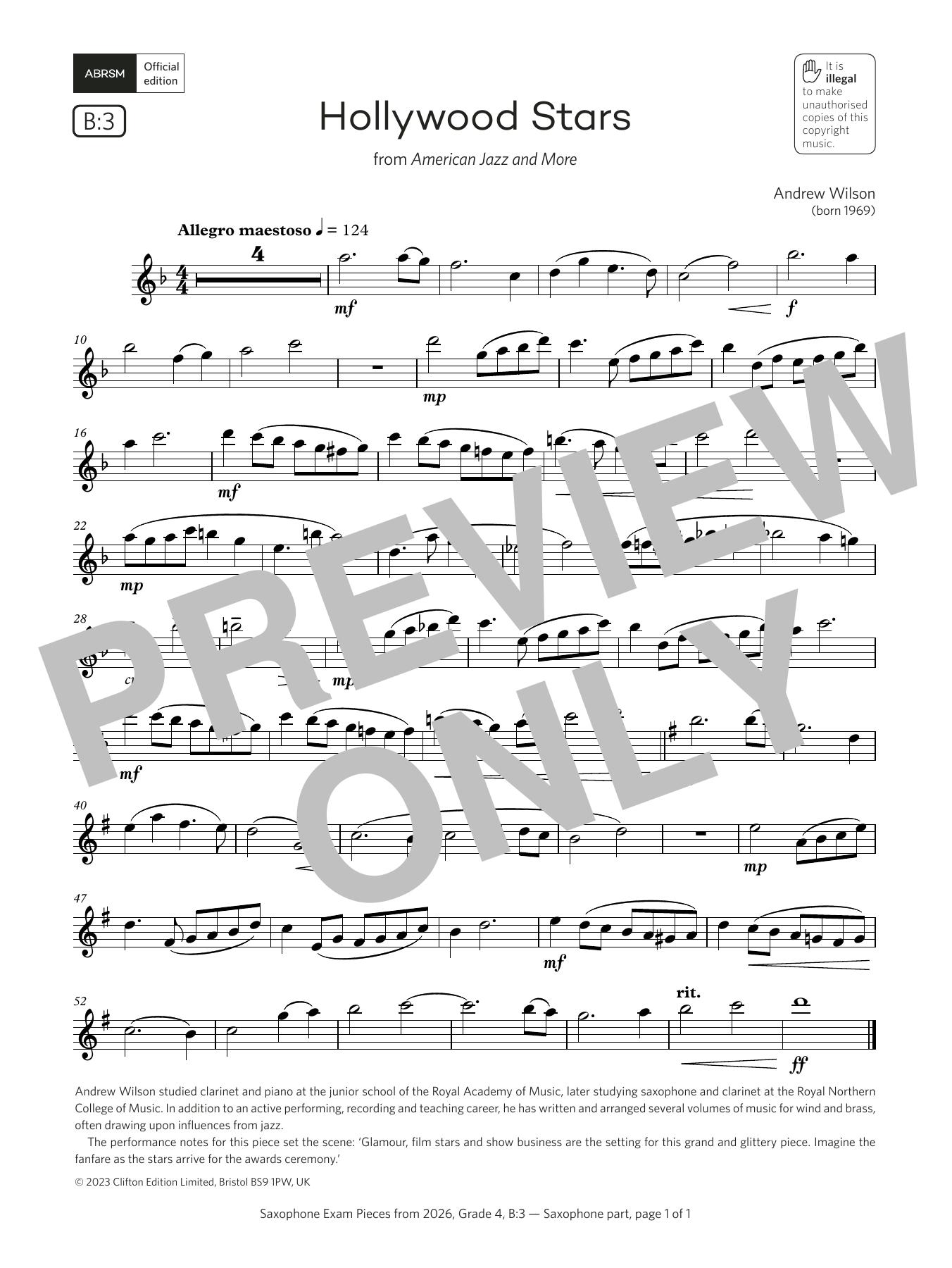 Andrew Wilson Hollywood Stars (Grade 4, list B3, from the ABRSM Saxophone Syllabus from 2026) Sheet Music Notes & Chords for Alto Sax Solo - Download or Print PDF Andrew Wilson Hollywood Stars (Grade 4, list B3, from the ABRSM Saxophone Syllabus from 2026) Sheet Music Notes & Chords for Alto Sax Solo - Download or Print PDF