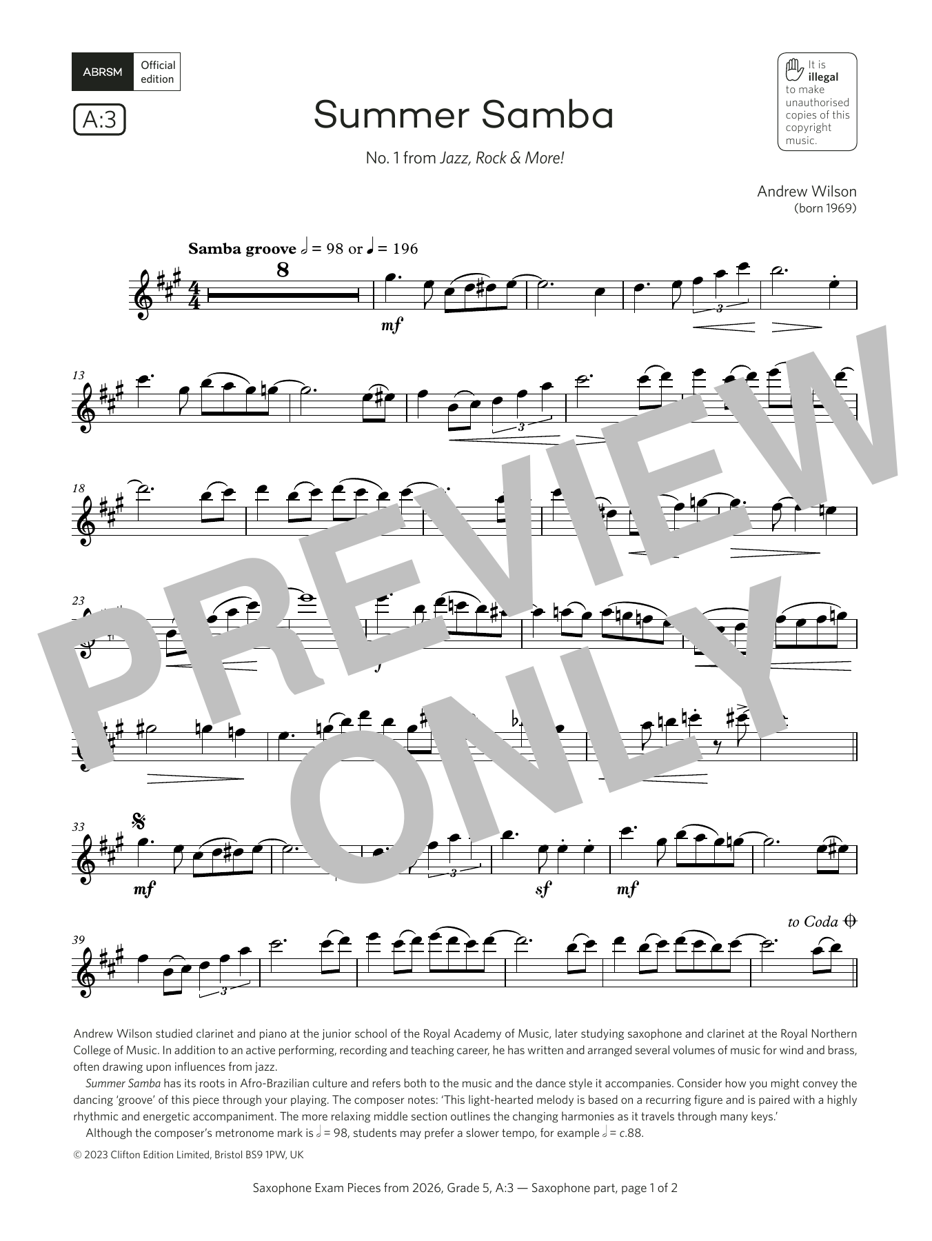 Andrew Wilson Summer Samba (Grade 5, list A3, from the ABRSM Saxophone Syllabus from 2026) Sheet Music Notes & Chords for Alto Sax Solo - Download or Print PDF Andrew Wilson Summer Samba (Grade 5, list A3, from the ABRSM Saxophone Syllabus from 2026) Sheet Music Notes & Chords for Alto Sax Solo - Download or Print PDF