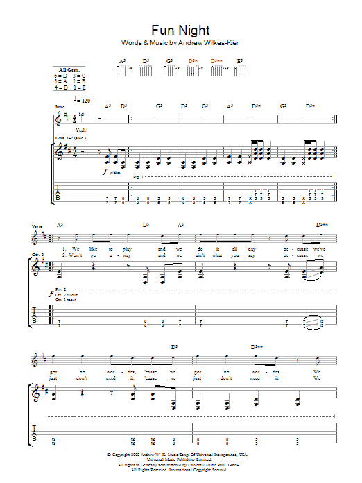 Andrew W.K. Fun Night Sheet Music Notes & Chords for Guitar Tab - Download or Print PDF