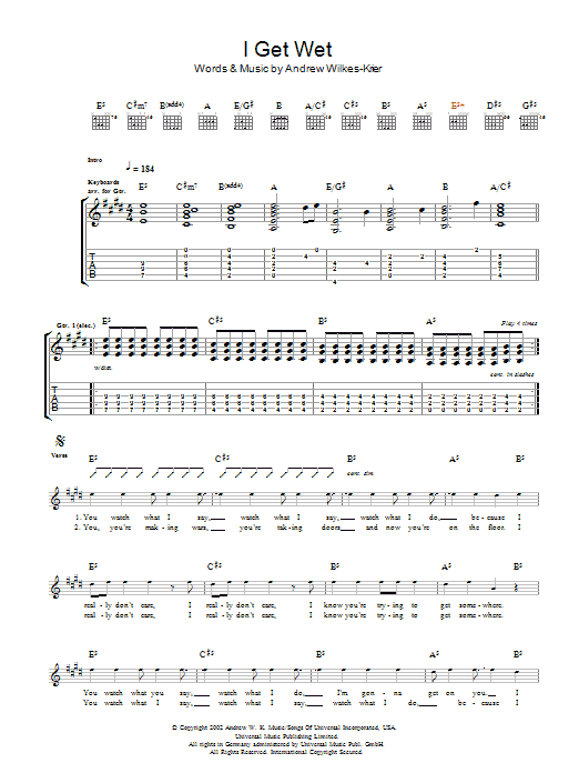 Andrew W.K. I Get Wet Sheet Music Notes & Chords for Guitar Tab - Download or Print PDF