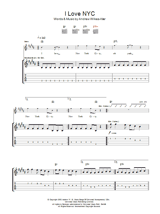 Andrew W.K. I Love NYC Sheet Music Notes & Chords for Guitar Tab - Download or Print PDF