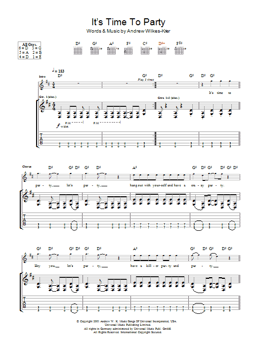 Andrew W.K. It's Time To Party Sheet Music Notes & Chords for Guitar Tab - Download or Print PDF