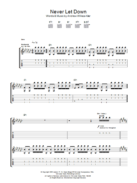Andrew W.K. Never Let Down Sheet Music Notes & Chords for Guitar Tab - Download or Print PDF