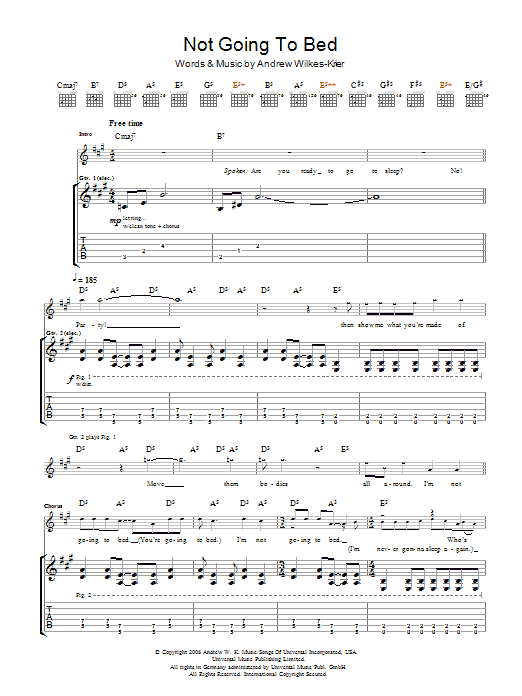 Andrew W.K. Not Going To Bed Sheet Music Notes & Chords for Guitar Tab - Download or Print PDF
