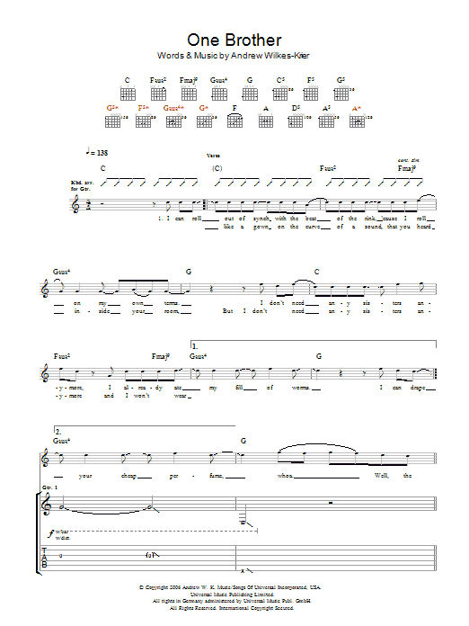 Andrew W.K. One Brother Sheet Music Notes & Chords for Guitar Tab - Download or Print PDF
