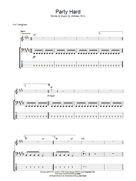 Andrew W.K. Party Hard Sheet Music Notes & Chords for Easy Guitar Tab - Download or Print PDF