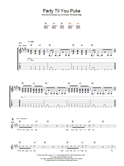 Andrew W.K. Party Til You Puke Sheet Music Notes & Chords for Guitar Tab - Download or Print PDF