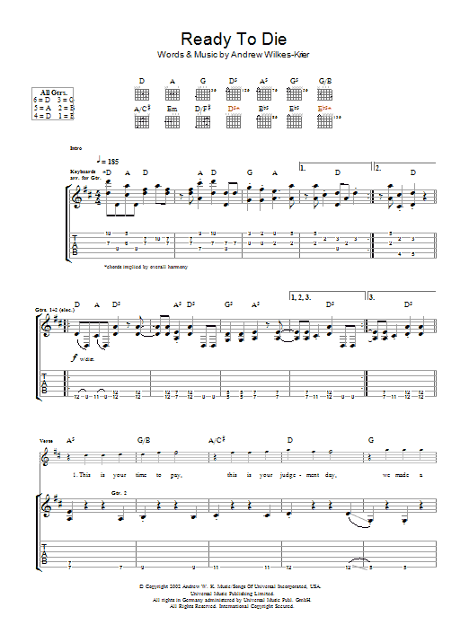 Andrew W.K. Ready To Die Sheet Music Notes & Chords for Guitar Tab - Download or Print PDF