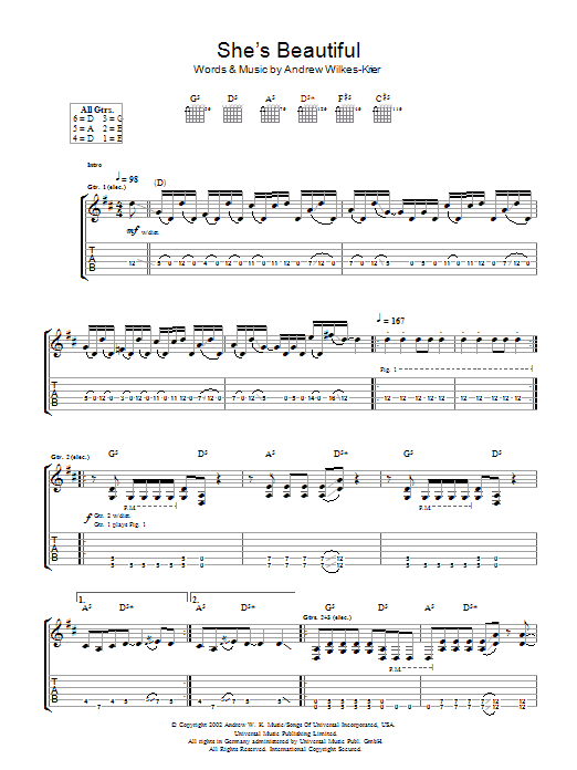 Andrew W.K. She Is Beautiful Sheet Music Notes & Chords for Guitar Tab - Download or Print PDF