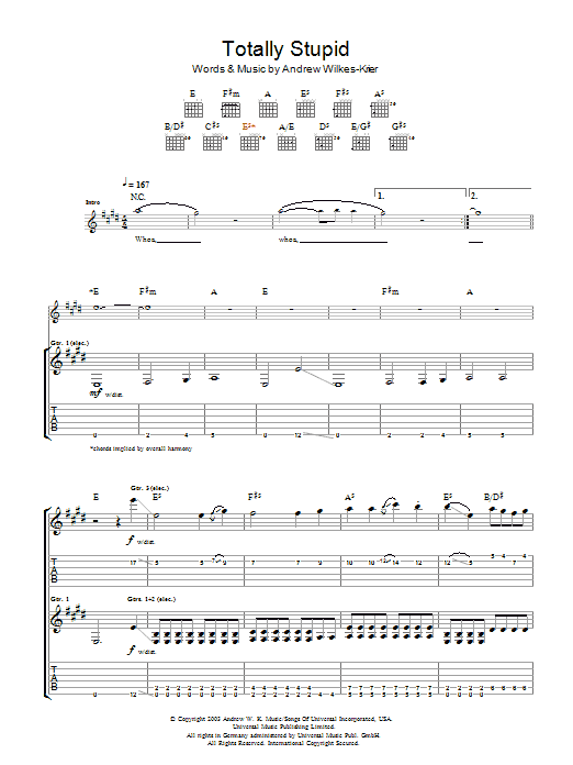 Andrew W.K. Totally Stupid Sheet Music Notes & Chords for Guitar Tab - Download or Print PDF