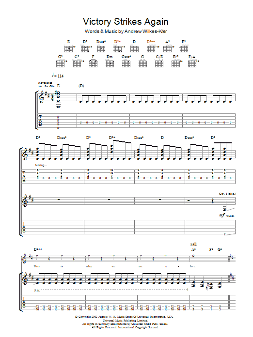 Andrew W.K. Victory Strikes Again Sheet Music Notes & Chords for Guitar Tab - Download or Print PDF