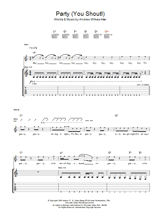 Andrew W.K. We Party (You Shout) Sheet Music Notes & Chords for Guitar Tab - Download or Print PDF