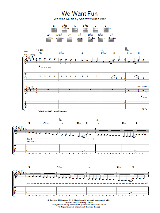 Andrew W.K. We Want Fun Sheet Music Notes & Chords for Guitar Tab - Download or Print PDF