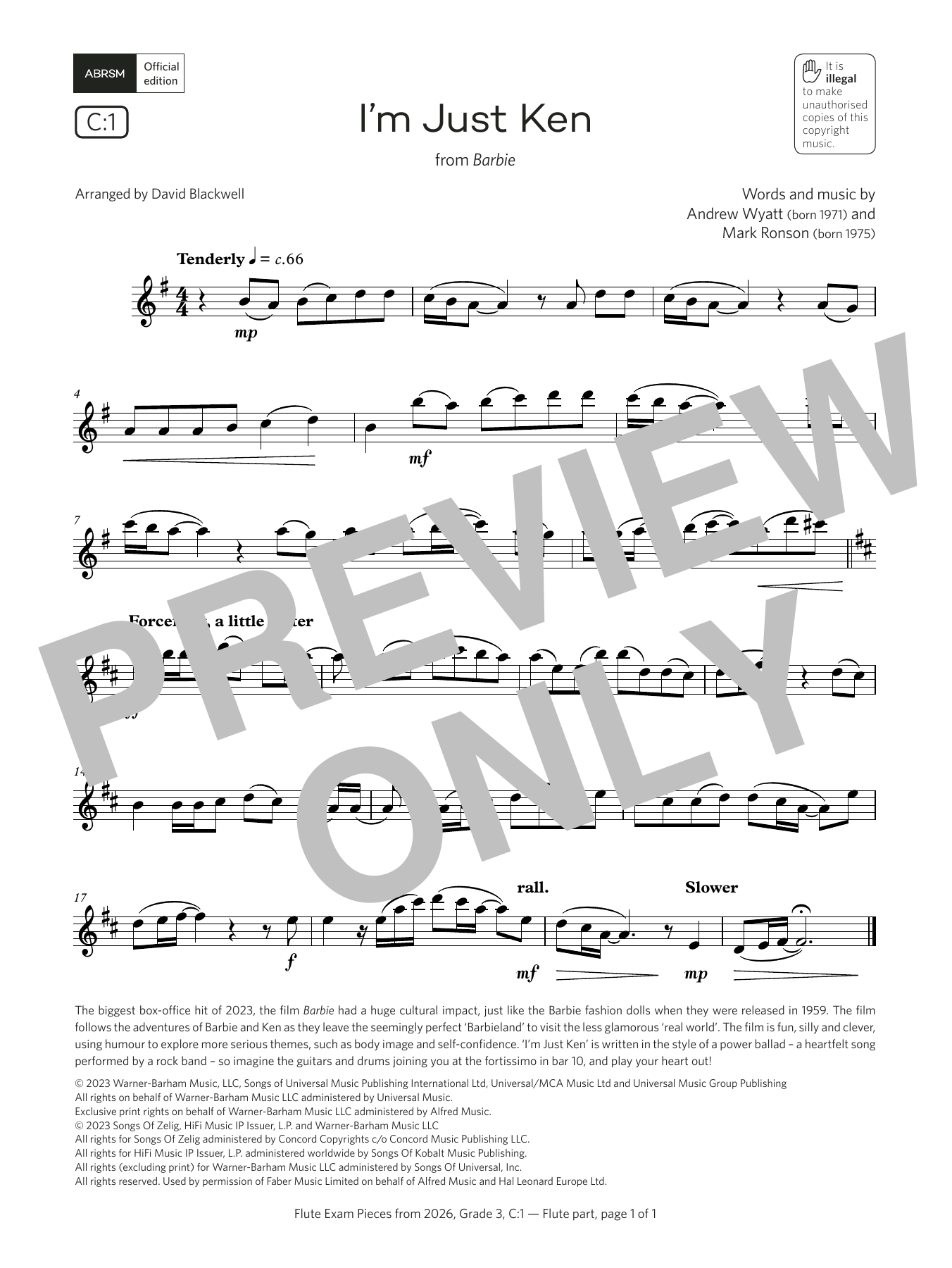 Andrew Wyatt I'm Just Ken (Grade 3, list C1, from the ABRSM Flute Syllabus from 2026) Sheet Music Notes & Chords for Flute Solo - Download or Print PDF Andrew Wyatt I'm Just Ken (Grade 3, list C1, from the ABRSM Flute Syllabus from 2026) Sheet Music Notes & Chords for Flute Solo - Download or Print PDF
